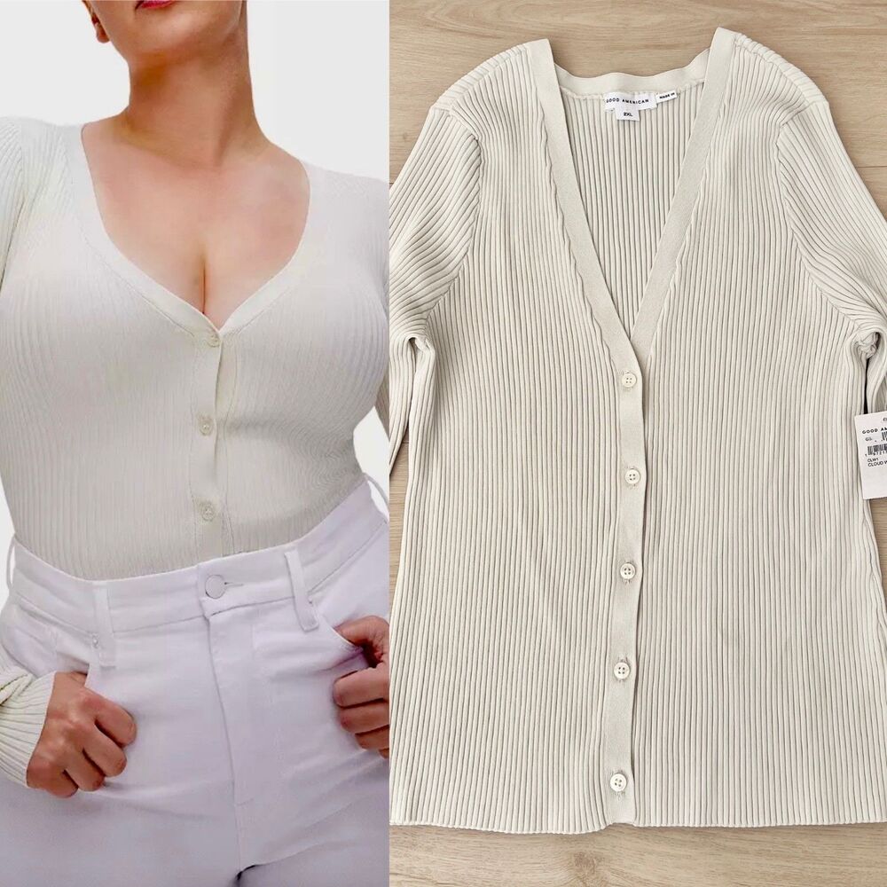 NWT Good American Shine Ribbed Cardigan Sweater Cloud White Sz 2XL /Classic Prep